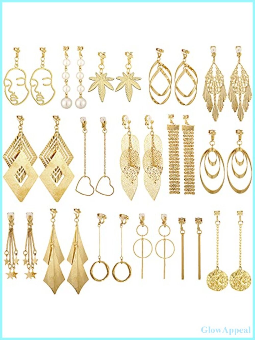 16 Pairs Clip On Earrings Set, Gold Plated Bohemian Drop Dangle Non-Piercing